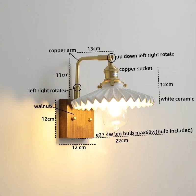 Walnut Ceramic LED Wall Lamp Pull Chain Switch - Modern Bathroom Mirror Light