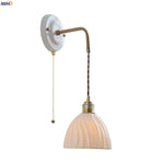 Ceramic Wall Sconce with Copper Arm | Pull Chain Switch LED Bedroom Lamp