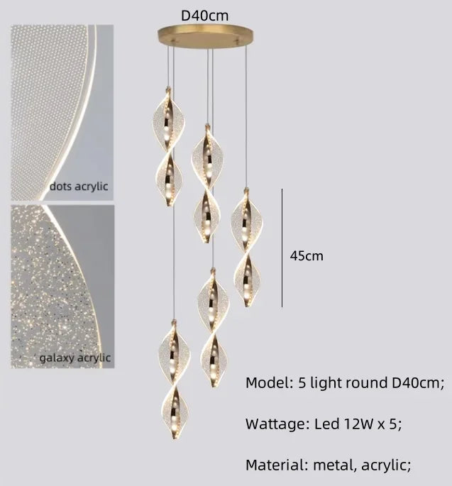 Spiral Gold LED Chandelier Acrylic Pendant Lights for Modern Bedside Stairs