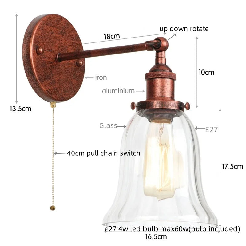 Loft Clear Glass Rustic LED Wall Light - Industrial Style Iron Wall Lamp