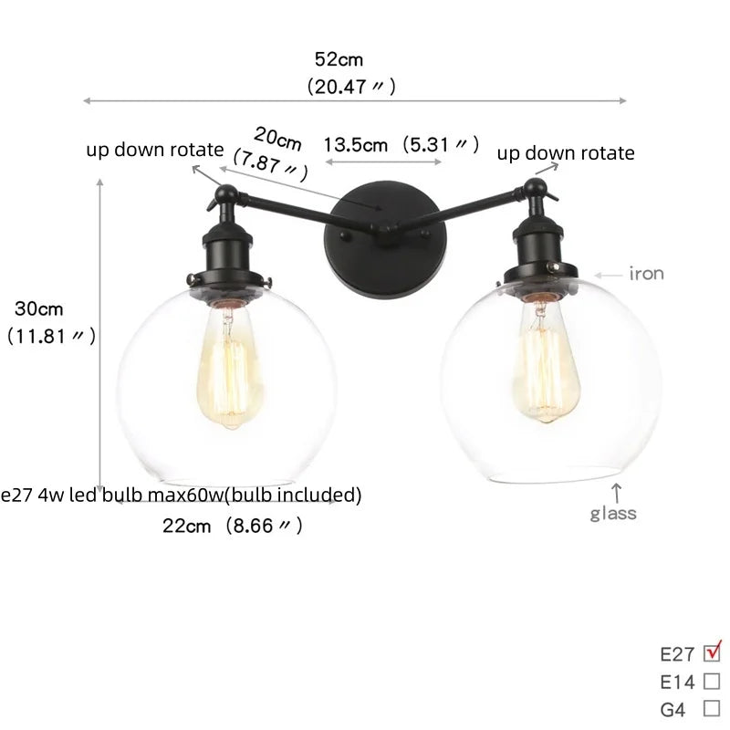 Black LED Wall Sconce 2-Head Lamp for Bedroom Bathroom Mirror