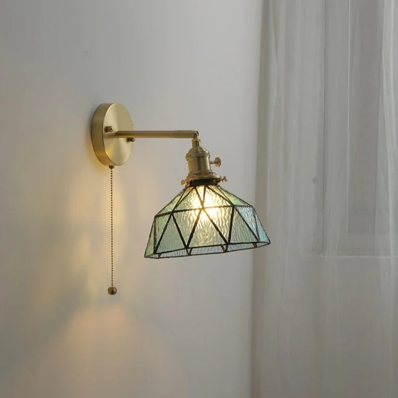 Copper Glass LED Wall Sconce Pull Chain Switch Modern Stair Light Fixtures