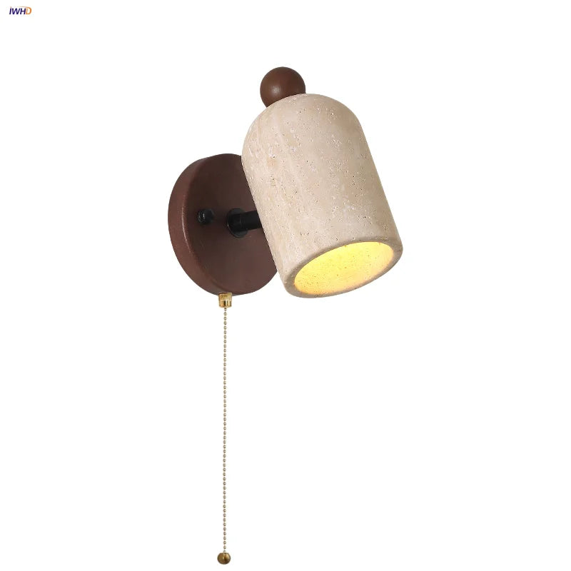 Yellow Travertine Wood Wall Light: Up Down Rotate LED Fixture with Pull Chain Switch.