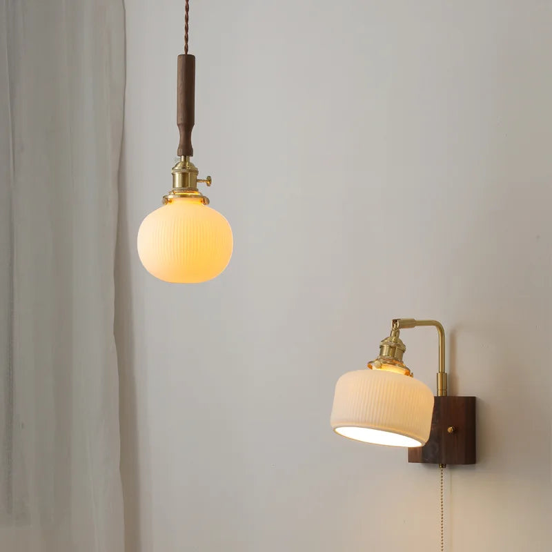 Ceramic Walnut Copper LED Pendant Light Chandelier for Bedroom Living Room