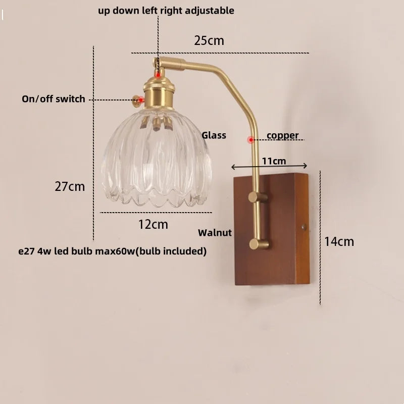 LED Glass & Wood Wall Lamp with Pull Chain Switch for Living Room, Bedroom, Bathroom