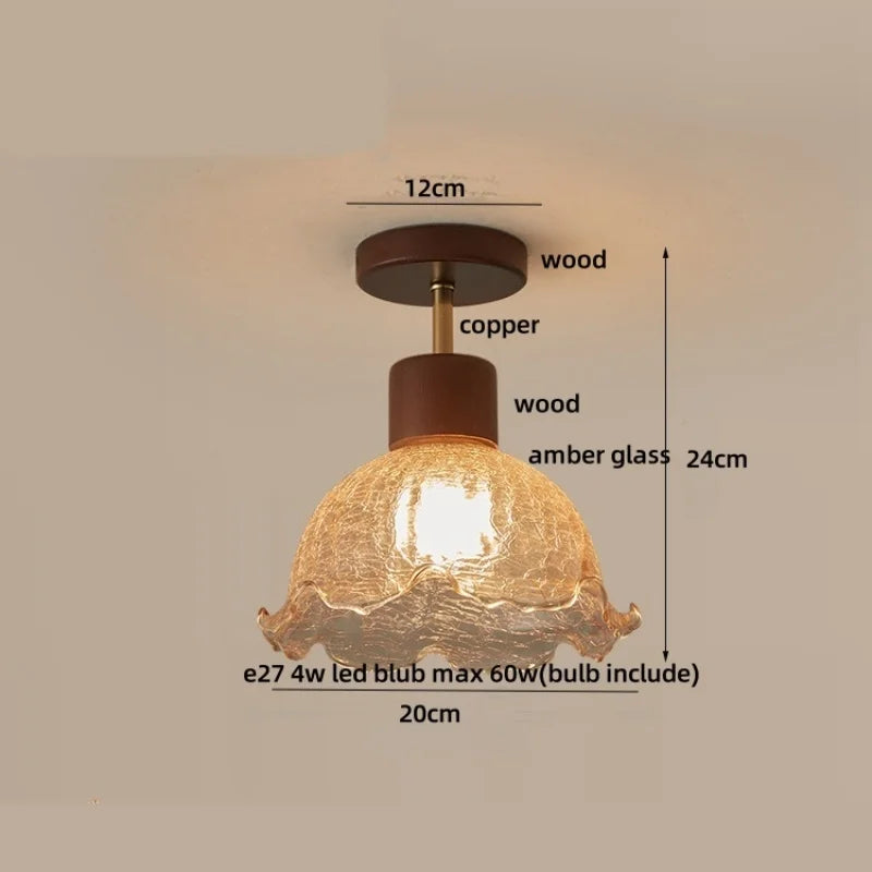 Vintage Wood & Copper Rotatable Ceiling Light - Amber Glass LED Fixture