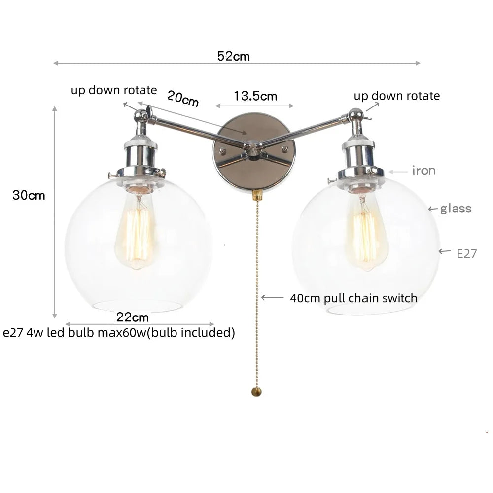 Vintage Industrial Iron Glass Wall Lamp Bedroom Stair Light Fixtures