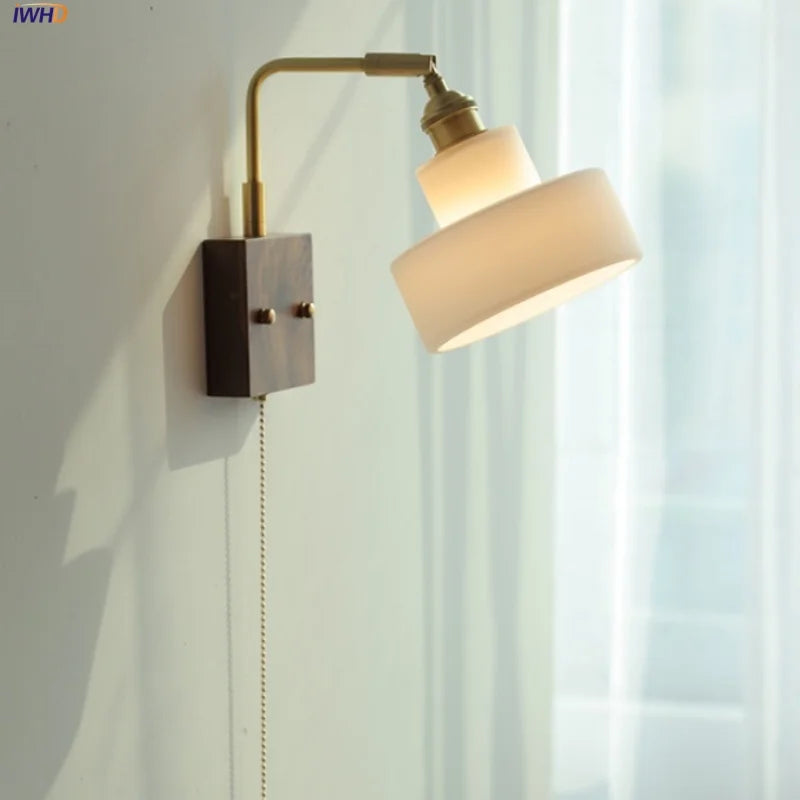White Glass LED Wall Light Fixture Walnut Wood Brass Pull Chain Switch