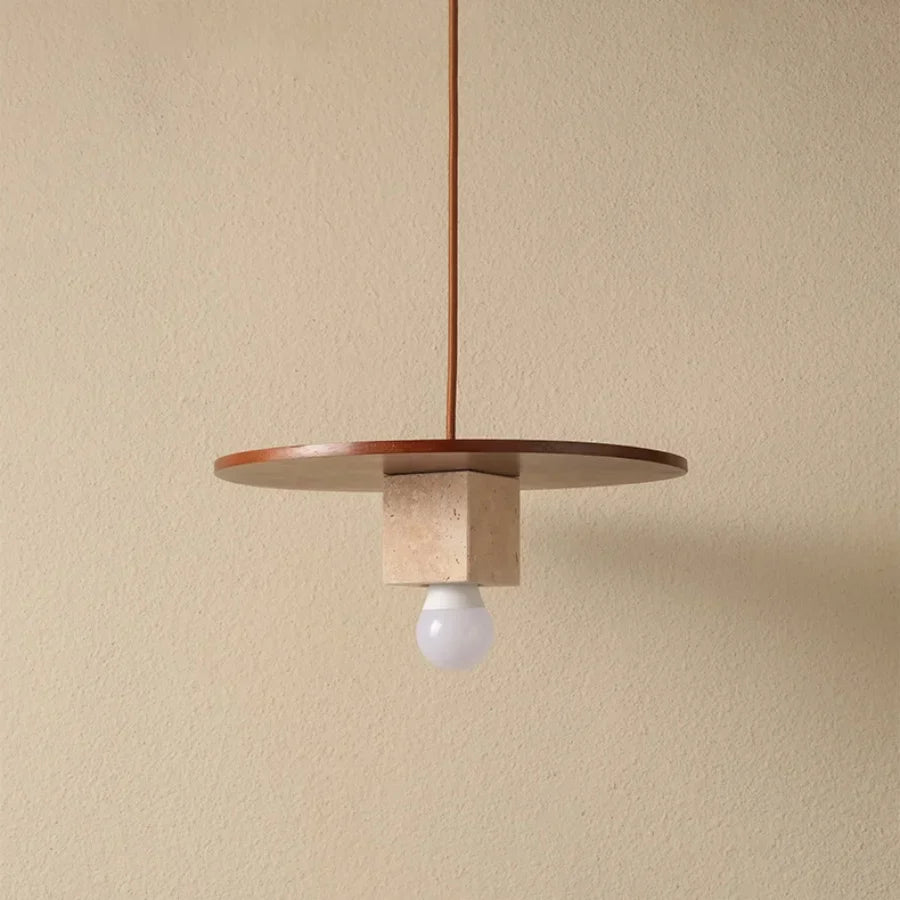 Afralia™ Round Wood LED Pendant Light | Yellow Travertine Stone | Wabi Sabi Home Decor