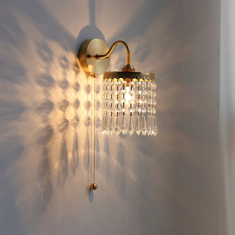 Crystal LED Wall Sconce Pull Chain Switch Brass Mirror Light