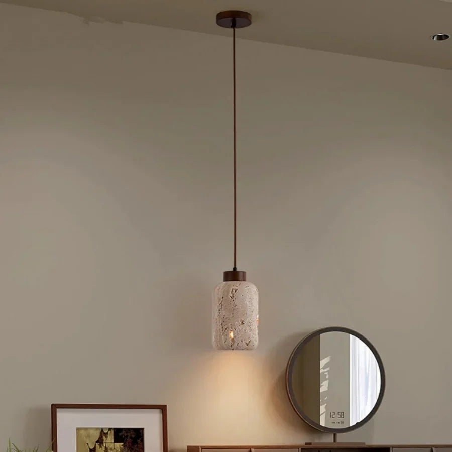 Afralia™ Wabi Sabi LED Pendant Light - Yellow Travertine Brown Wood - Modern Stone Hang Lamp
