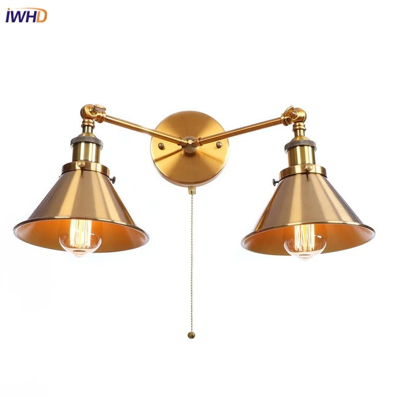 Afralia™ Industrial Vintage LED Wall Light Iron Gold 2 Heads Simple Lamparas De Pared.