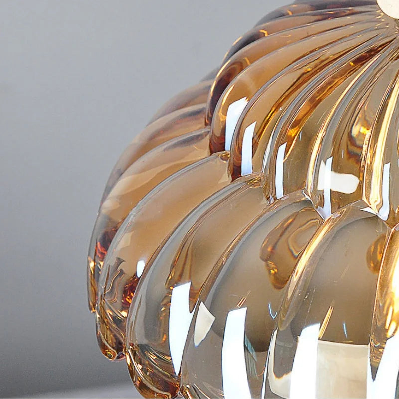 Amber Glass Walnut Wood LED Pendant Lamp with Copper Knob Switch