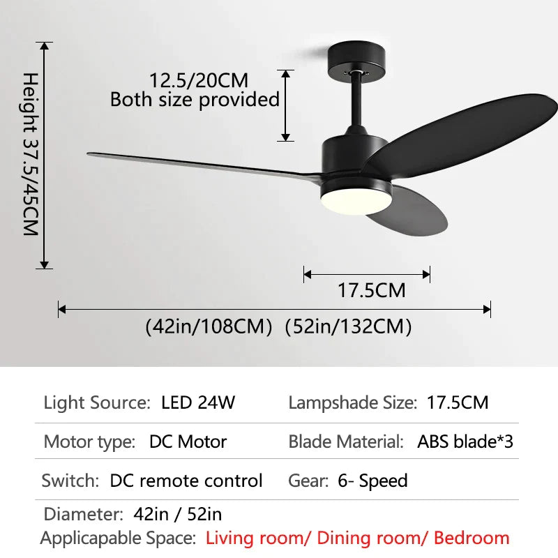 52" Modern DC Ceiling Fan with Remote Control for Home and Restaurant