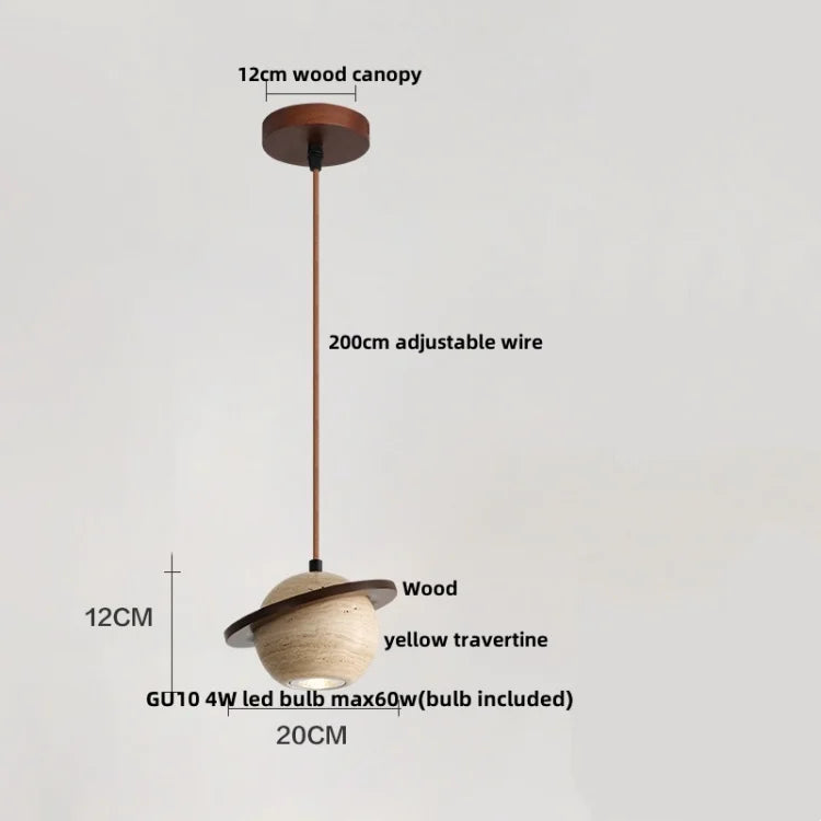 Yellow Travertine LED Pendant Lamp with Natural Wood Accent
