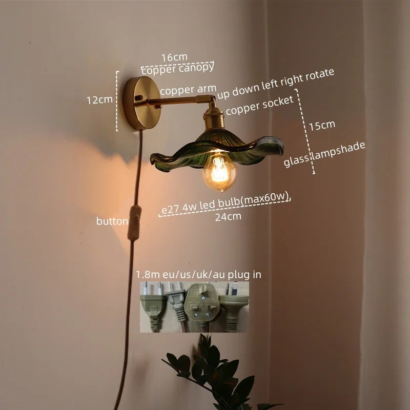 LED Glass Copper Wall Sconce Pull Chain Switch Lamp for Bedroom Living Room