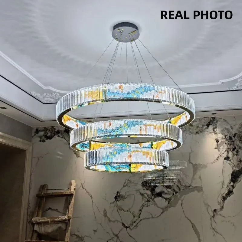 Circle Steel LED Pendant Chandelier, Modern Dimmable Lighting for Living Room Home Decor