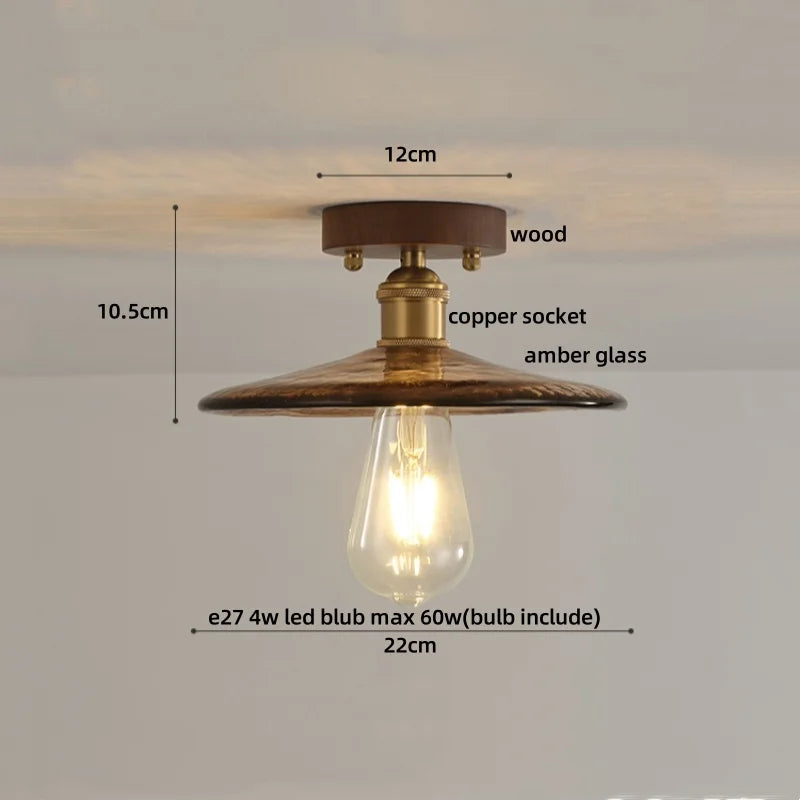 Nordic LED Ceiling Light Amber Glass Wood Brass Flush Mount Lamp