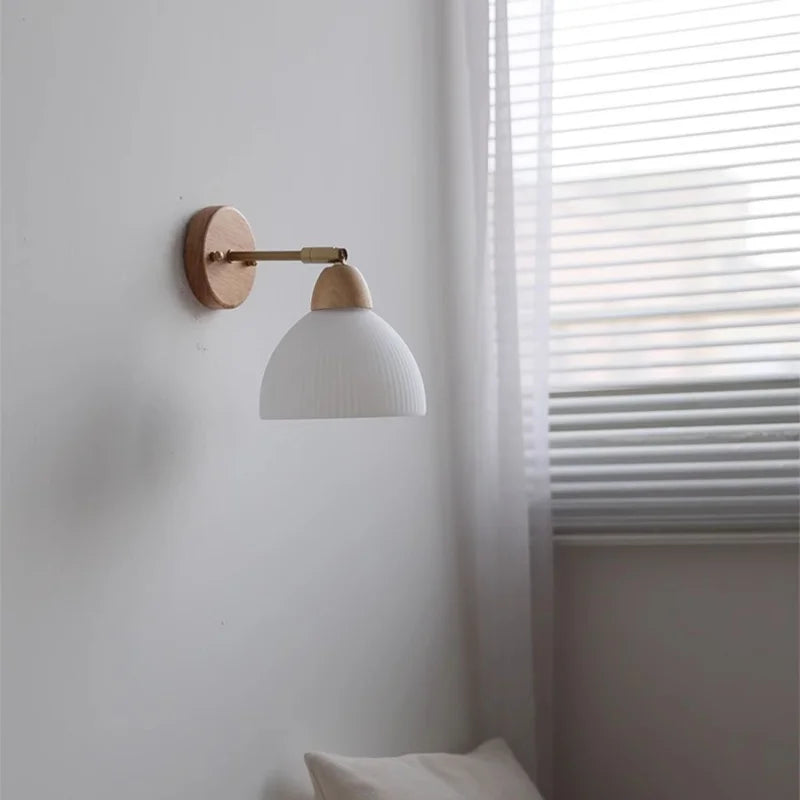 Copper Rotate LED Wall Lights with White Glass & Wood - Modern Nordic Design