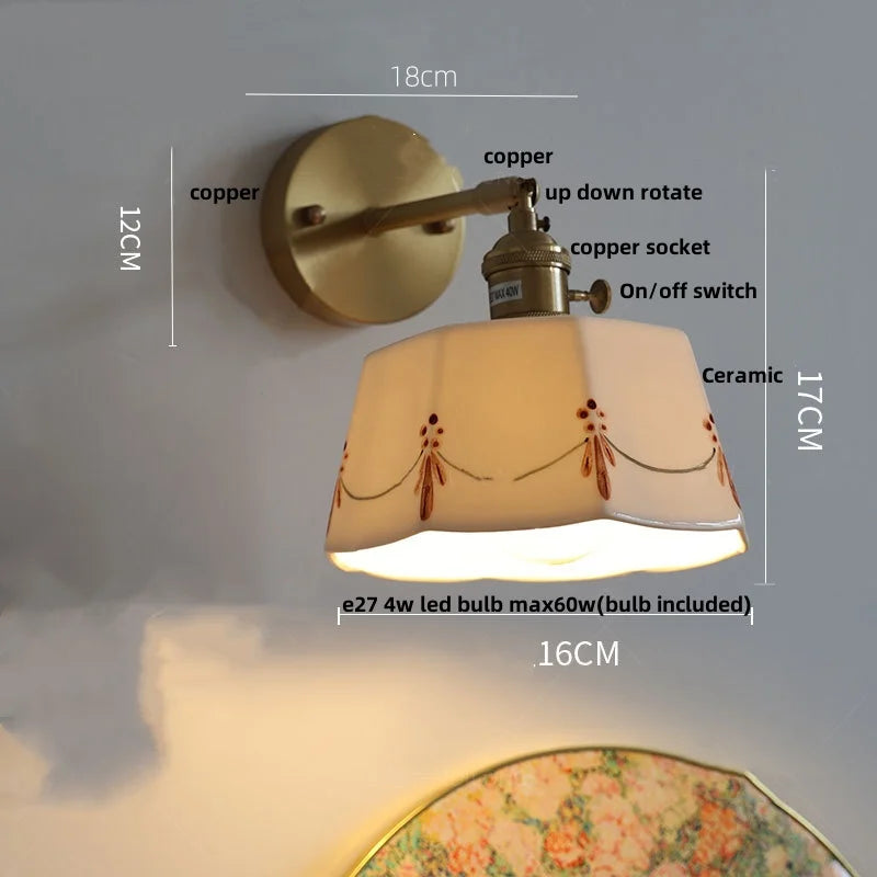 Ceramic Copper Wall Light Fixture with Pull Chain Switch, E27 LED, Modern Nordic Design