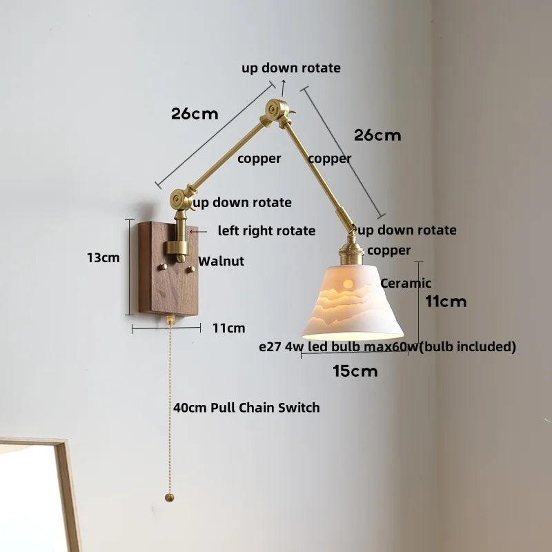 Wood LED Wall Light with Pull Chain Switch & Rotatable Amber Glass
