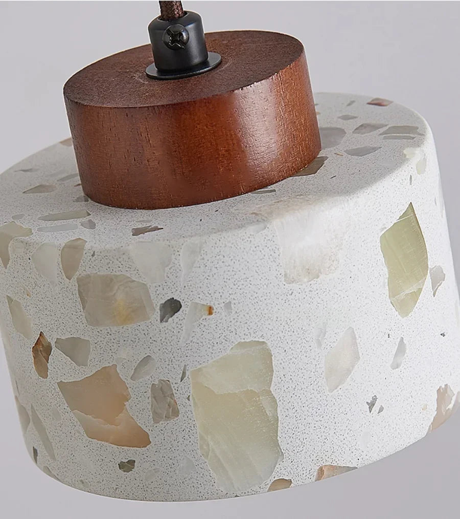 Terrazzo Brown Wood LED Pendant Light Fixture Stone Hanging Lamp