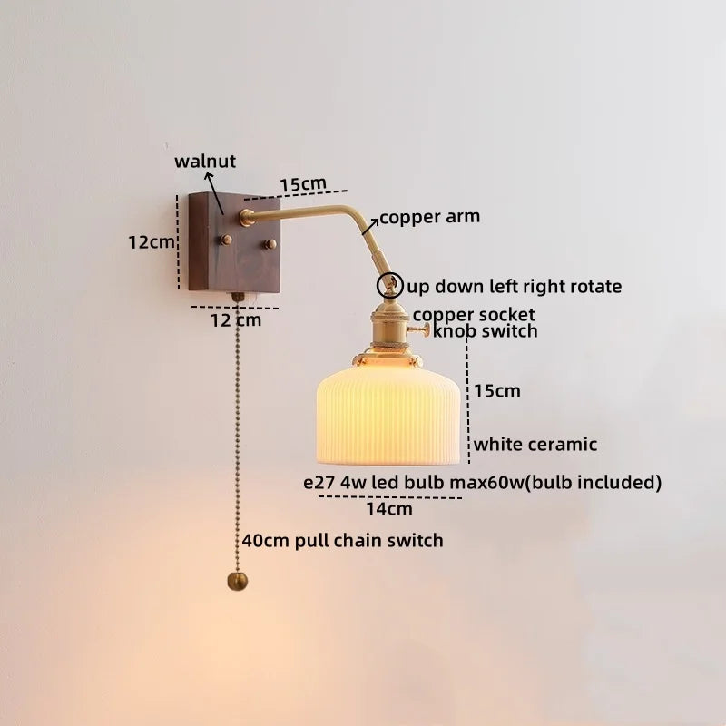 Walnut Copper LED Wall Lights Fixture with Pull Chain Switch - Modern Bedside Lamp