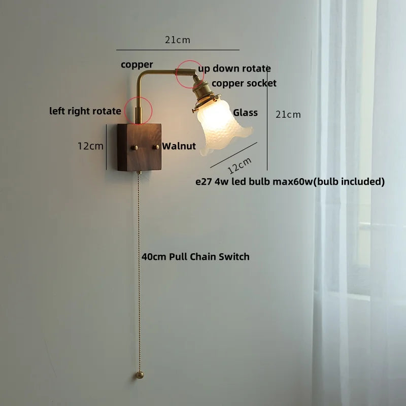 Yellow Glass LED Wall Sconce Walnut Wood Bedside Lamp