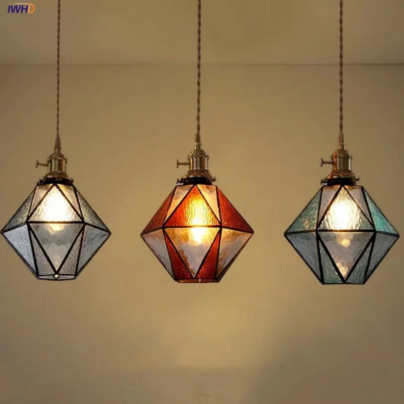 Brass Vintage LED Pendant Light Fixture Walnut Wood Glass Dining Room Lights