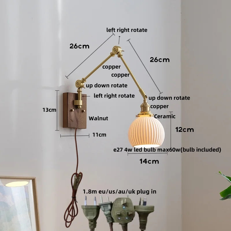 Walnut Wood LED Wall Lights Modern Bedside Sconce Rotate Up Down Left Right