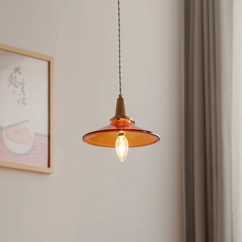 Wood Amber Glass LED Pendant Light Fixture - Nordic Modern Hanging Lamp
