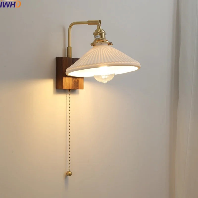 Walnut Ceramic LED Wall Lamp Pull Chain Switch - Modern Bathroom Mirror Light