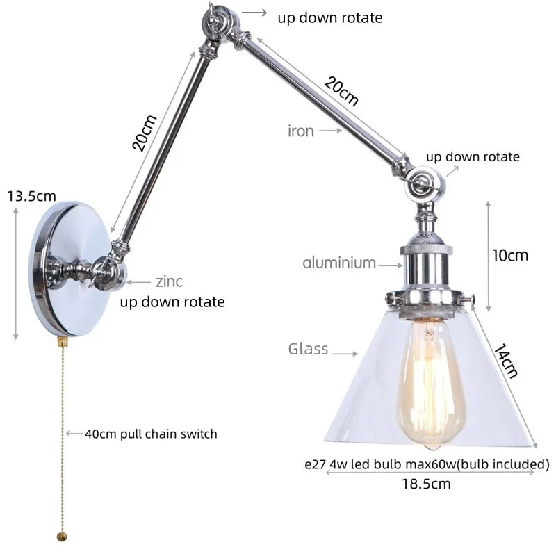 Vintage Loft LED Wall Lights Pull Chain Switch Glass Chrome Wall Lamp