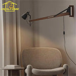 LED Long Pole Swing Arm Wall Lamp, Solid Wood, Adjustable, Industrial Designer