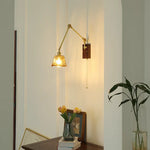 Wood LED Wall Light with Pull Chain Switch & Rotatable Amber Glass