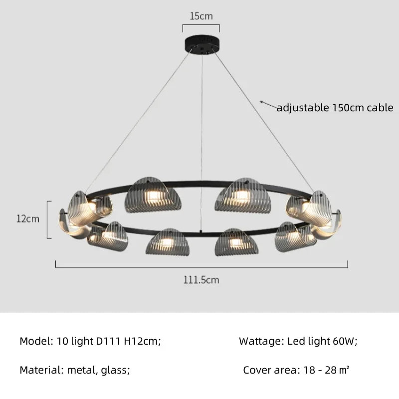 Smoky Gray Glass Chandelier LED Pendant Light for Luxe Dining Room