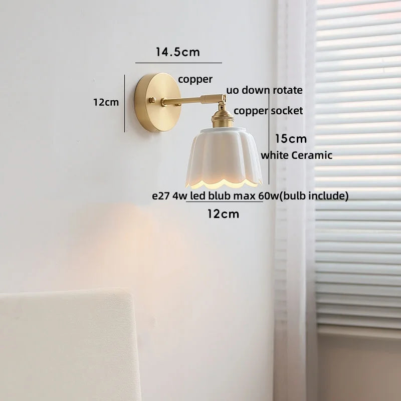 Ceramic Copper LED Wall Sconce Pull Chain Switch Reading Room Bedside Lamp