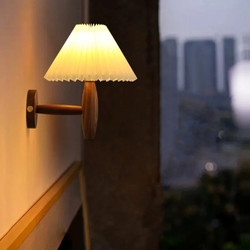 Cream PVC LED Wall Lamps Japanese Walnut Wood Applique Murale