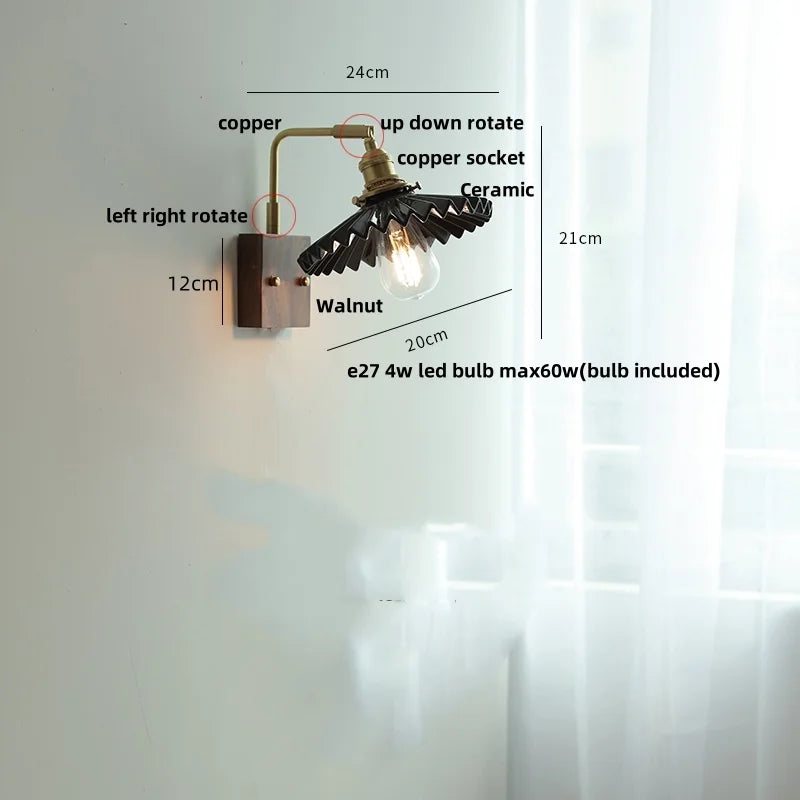 Nordic LED Walnut Wood Wall Lamp with Rotating Ceramic Copper Pull Chain Switch
