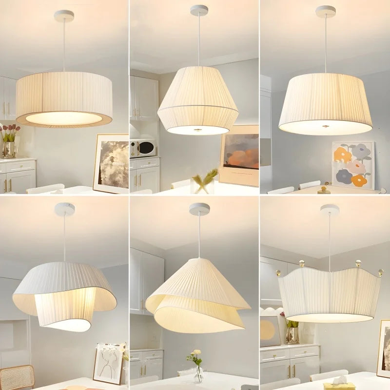 Nordic Pleated Fabric E27 Pendant Light Dining Room Creamy Hanging Lamp Bedroom Suspend Lamp - Afralia™
