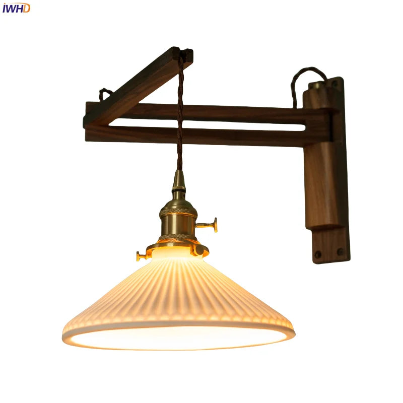 Afralia™ Nordic Ceramic LED Wall Light - Stretchable Folding Walnut Wood Loft Bedside Lamp