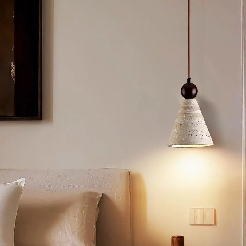 Wood Stone LED Pendant Lamp Yellow Travertine Vintage Hanging Luminaria