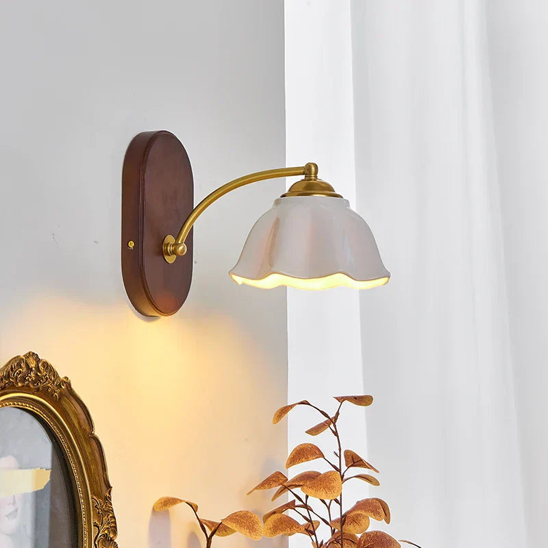 LED Japanese Style Wall Lights Copper Wood Bedside Lamp for Home Bedroom