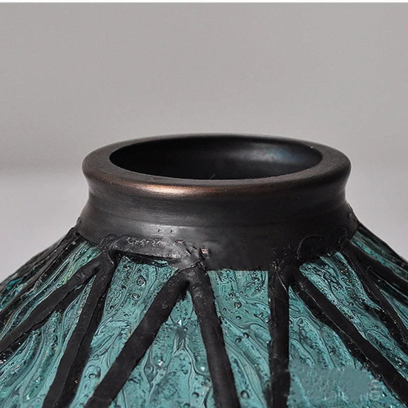 Blue Glass LED Pendant Light Fixture with Adjustable Copper Knob Switch