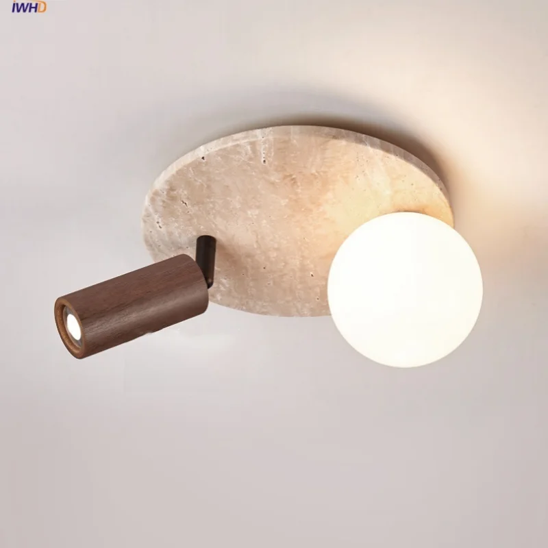 Afralia™ Rotatable LED Ceiling Lamp Glass Yellow Travertine Wood Modern PlafondLamp