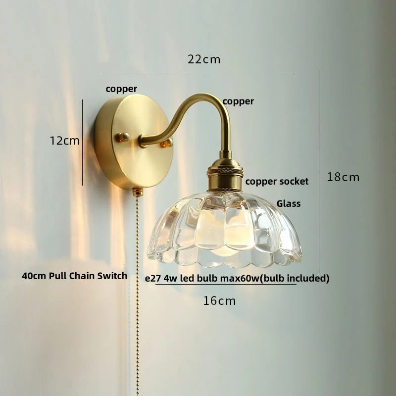 Crystal LED Wall Sconce Pull Chain Switch Brass Mirror Light