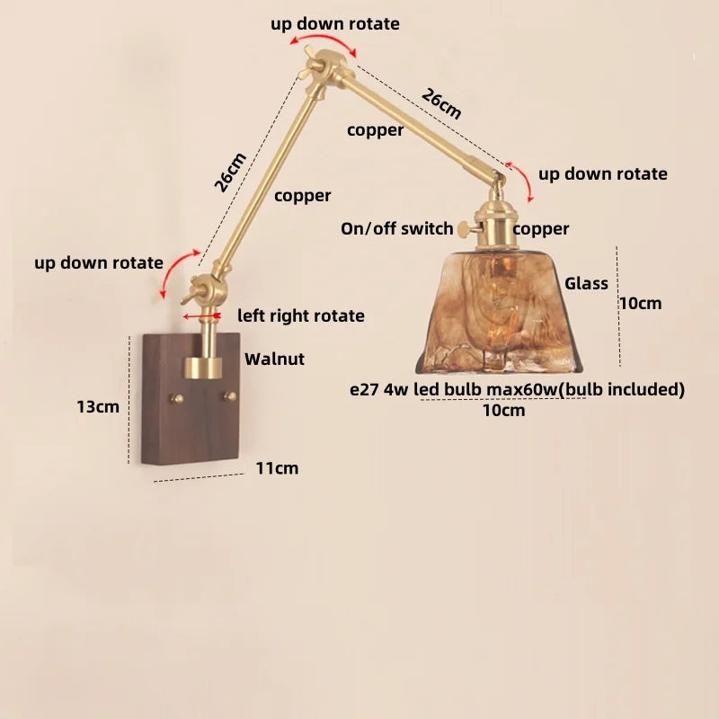 Walnut Wood LED Wall Light with Pull Chain Switch & Rotatable Amber Glass