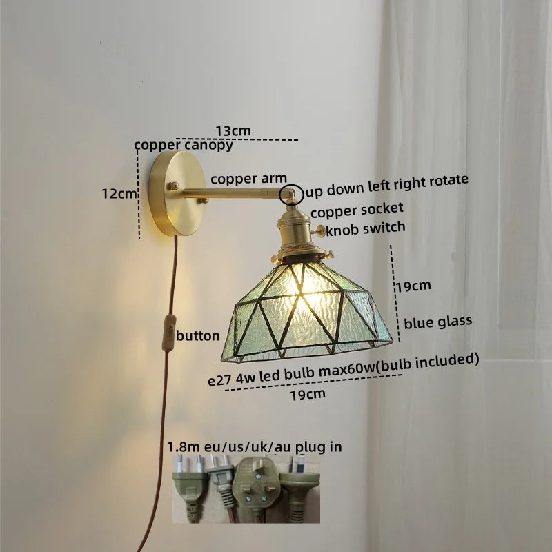 Copper Glass LED Wall Sconce Pull Chain Switch Modern Stair Light Fixtures