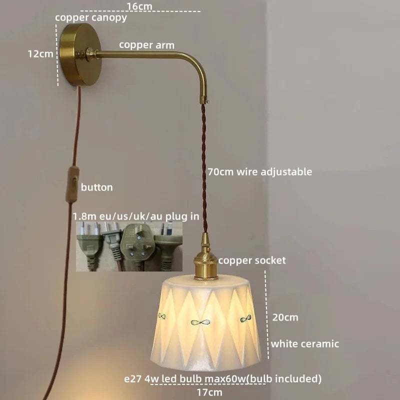 Ceramic Hand-painted LED Wall Light, Pull Chain Switch, Modern Bedside Lamp