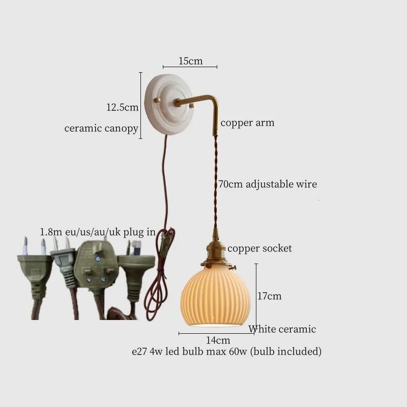 Afralia™ Ceramic Canopy LED Wall Lamp Copper Arm Modern Home Decor Applique Murale